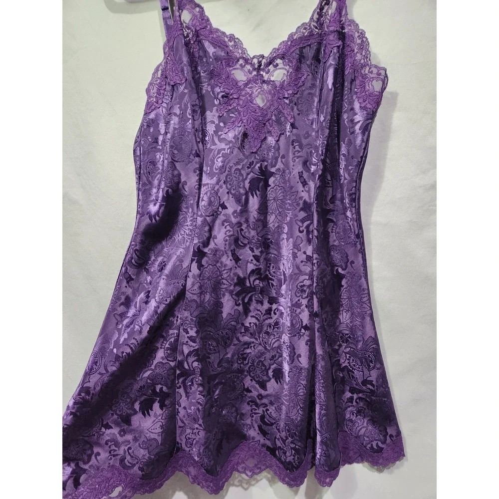 VTG Victorias Secret Gold Label Satin & Lace Floral Paisley Purple Slip Dress  S